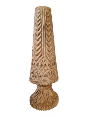 Ornate Hand Carved Wood Vase Intricate Design Pedestal 15 inch H Vintage